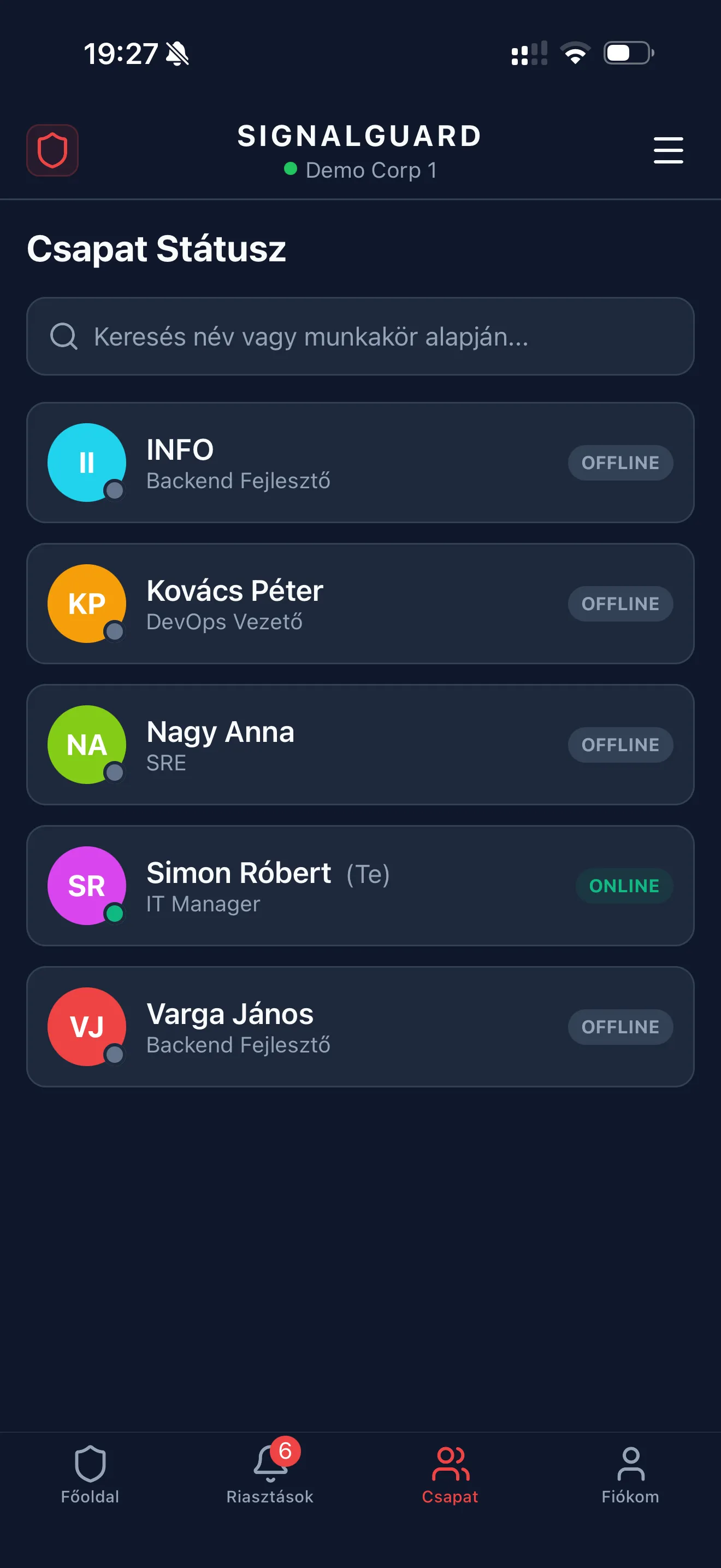Csapat státusz
