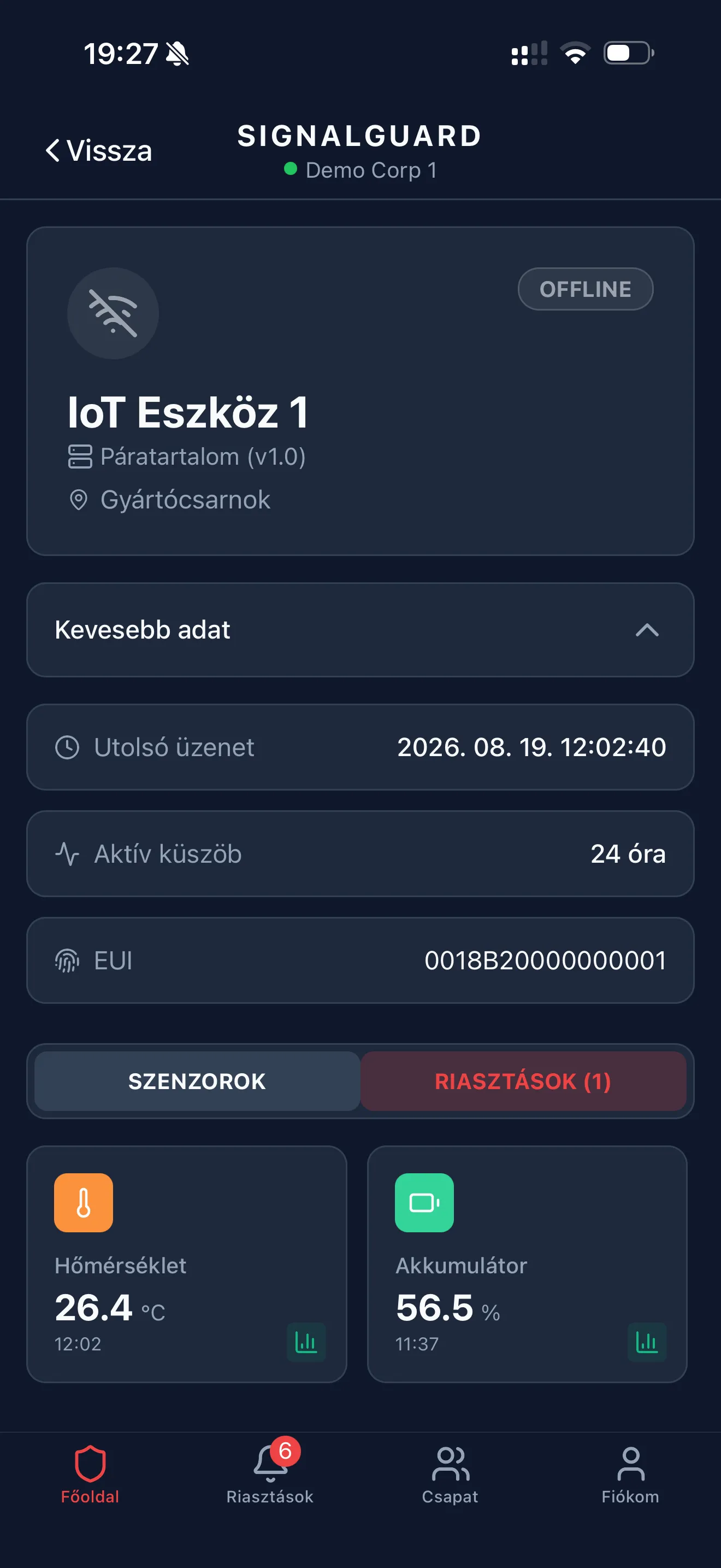 Eszköz részletek — szenzorok és további adatok