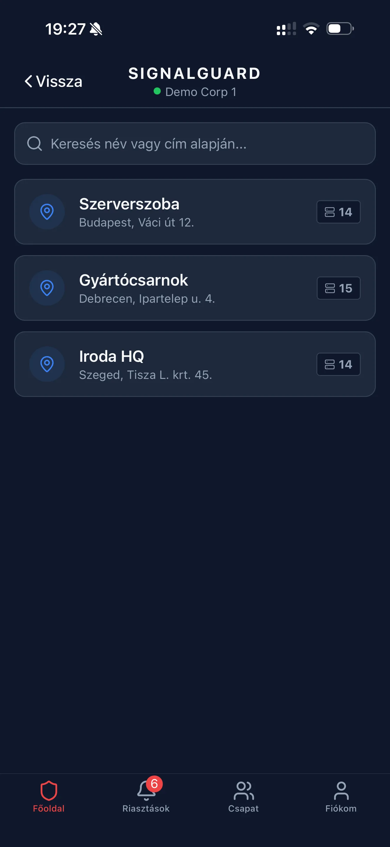 Helyszínek lista